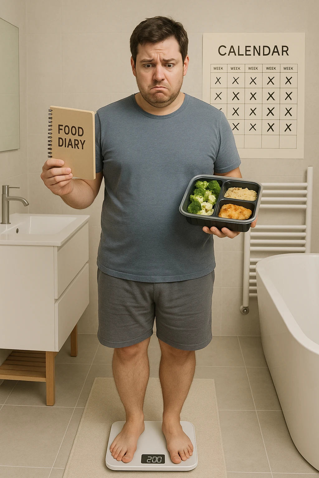 Uomo sulla trentina in piedi su una bilancia in bagno, con espressione delusa e confusa. In mano tiene un diario alimentare e un contenitore per i pasti già preparati, segno che sta seguendo una dieta. Dietro di lui un calendario con settimane segnate, ma senza cambiamenti. Il suo corpo appare identico a prima, senza progressi visibili. La bilancia digitale mostra lo stesso numero. Ambientazione pulita e moderna, toni neutri. Atmosfera di frustrazione e demotivazione, luce soffusa. emoji