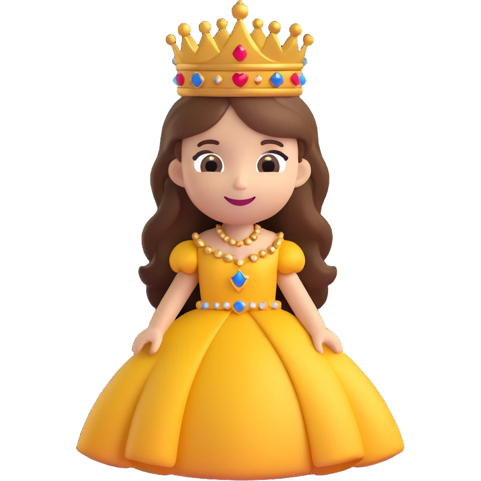 A cartoon-style princess emoji with long hair, wearing a golden crown, smiling softly, and dressed in a royal gown emoji
