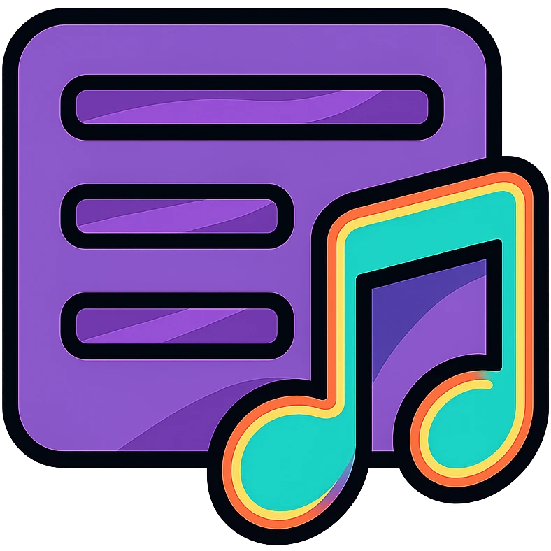 playlist icon with horizontal lines and musical note, lines with purple galactic flow effect, musical note with neon glow emoji