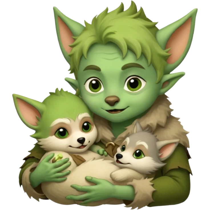 A little goblin nursing a baby wolf emoji