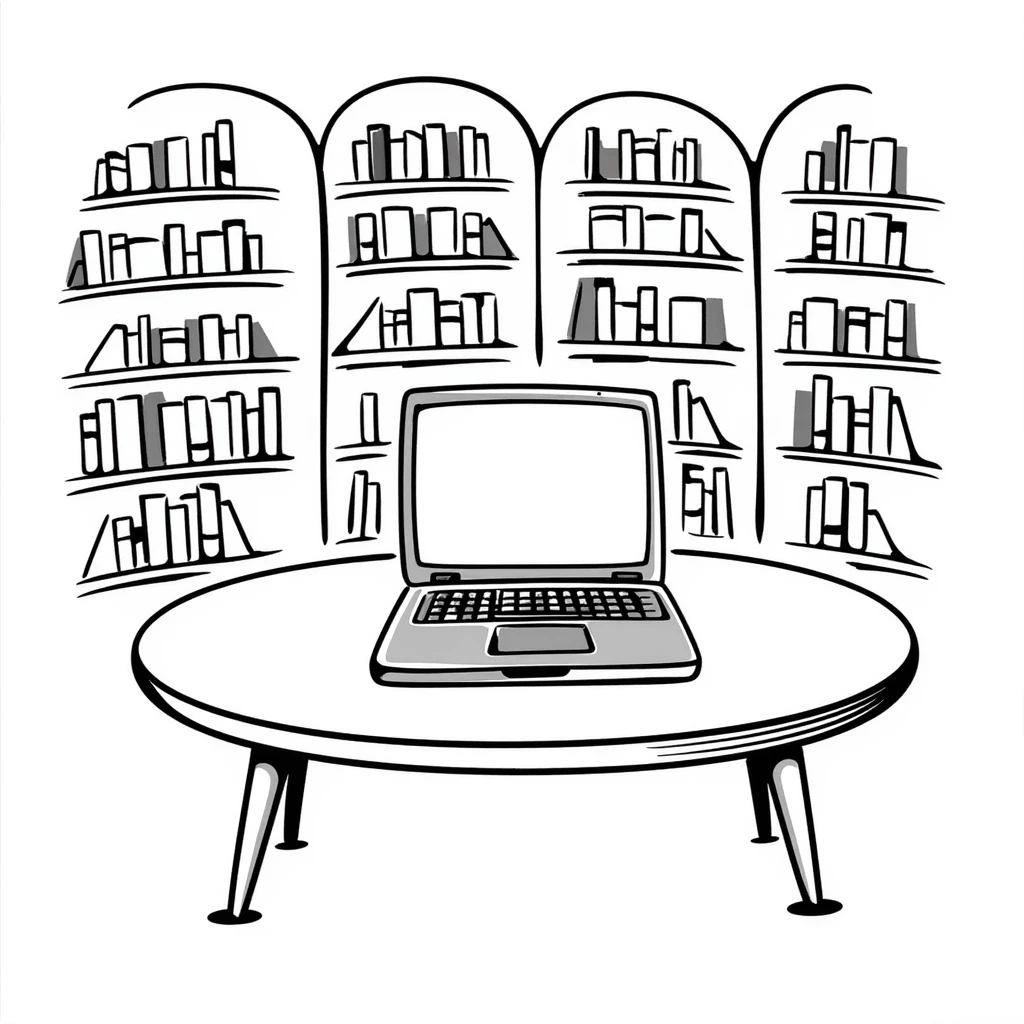 A cozy library with curved bookshelves and an open old-school laptop

 emoji