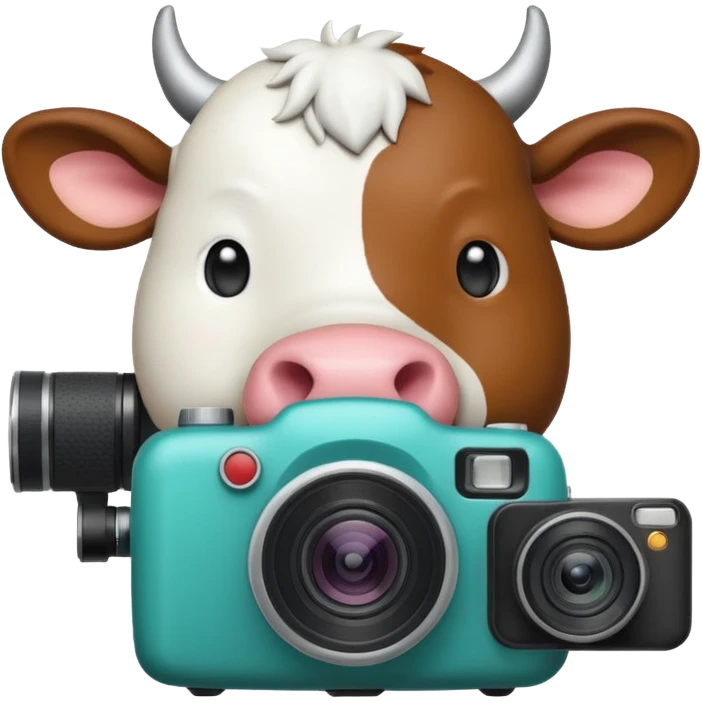 Emoji-style icon showing a cow and buffalo with a camera and image-upload symbol, representing taking a photo or selecting a file for breed detection. Simple, friendly, rounded design, clear at small sizes, teal and white accents, no text, transparent background. emoji