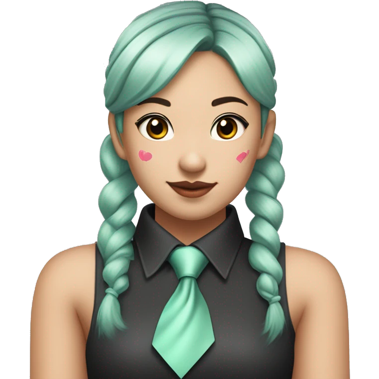 
An Asian girl with long mint colored pigtails wearing a sleeveless silver shirt, a mint colored tie, and a black flared arm sleeve with a red 01 tattoo on her left arm has a pink square with a black border running through each pigtail emoji