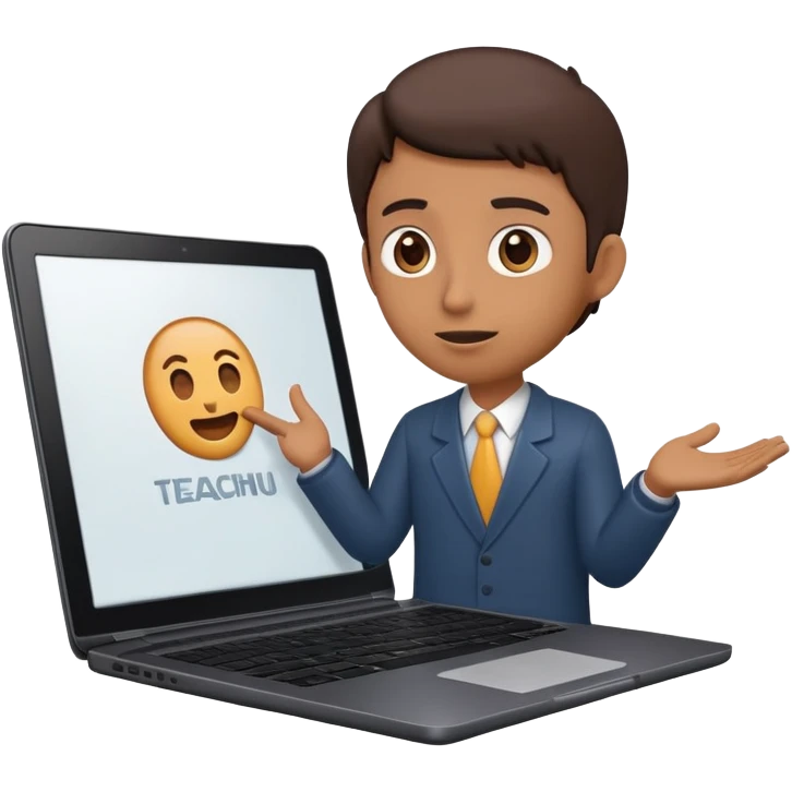 A dark-colored laptop with the screen open. From the screen, a person is emerging, giving a lecture or teaching. The person should look expressive and in a teaching pose. Soft shadows, semi-3D emoji style, clean background. emoji