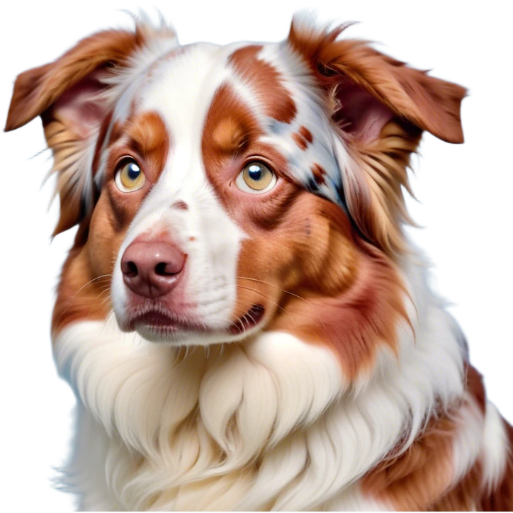 Cinematic Grumpy Predominantly White Red Merle Australian Shepherd Portrait Emoji, Head tilted slightly with a deeply unimpressed expression, thick predominantly white fur with bold red merle markings, large, droopy blue eyes narrowed into an unamused glare, ears slightly drooping in exasperation, Simplified yet comically expressive features, highly detailed, glowing with a dry, sarcastic glow, high shine, effortlessly judgmental yet dignified, stylized with a touch of cynicism, bright but brooding, soft glowing outline, capturing the essence of an eternally unimpressed yet endearing pup, so lifelike it feels like it could sigh heavily at you in disdain at any moment! emoji