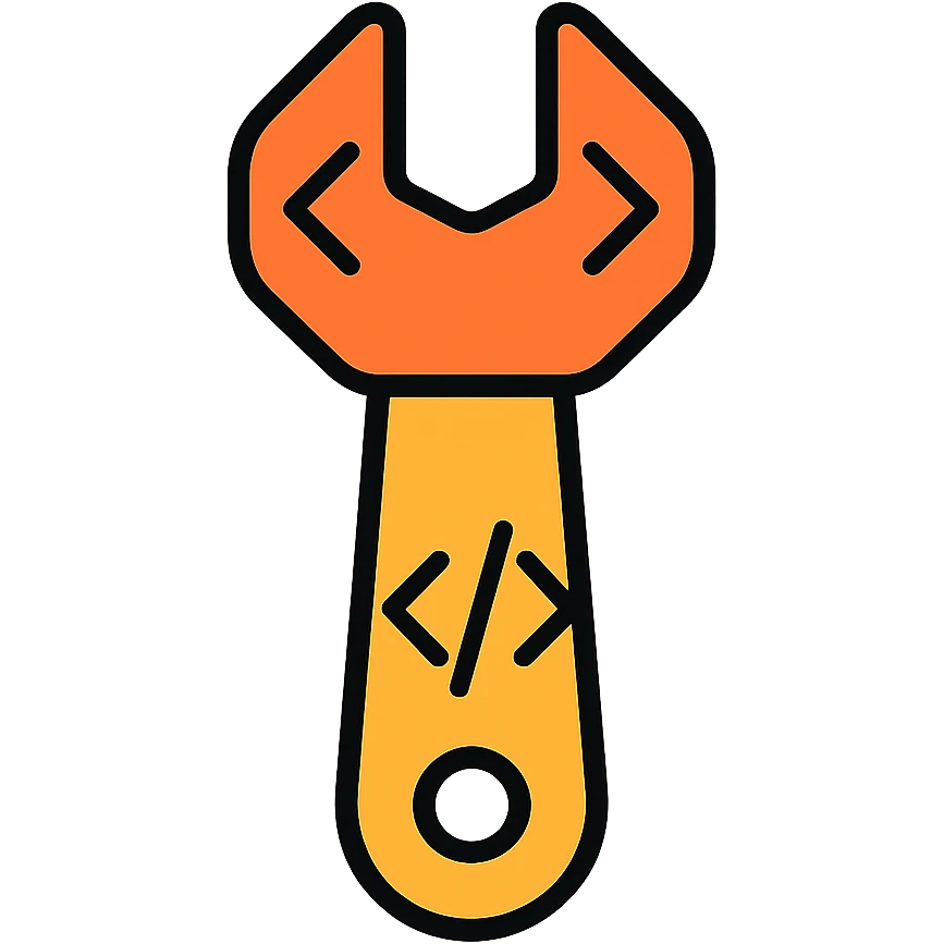A wrench tool made out of HTML code, with tags and brackets forming the shape of a wrench emoji