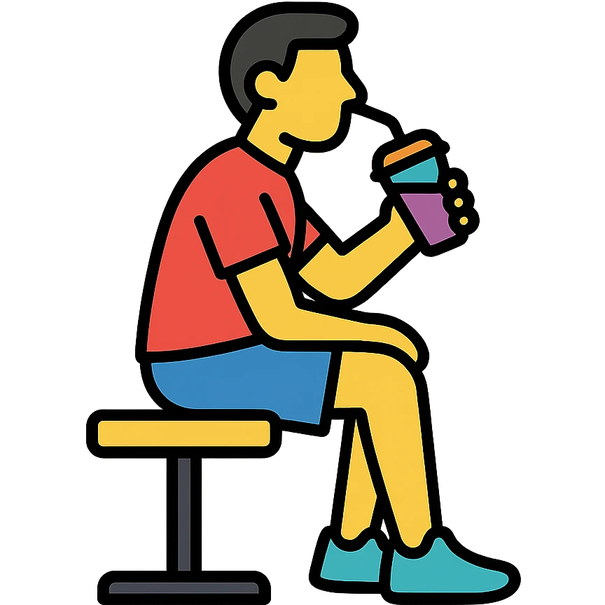 one man sitting on a gym bench sipping a smoothie, icon style, minimal and recognizable emoji