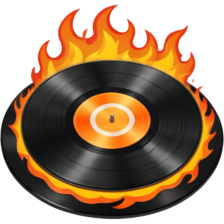 a black vinyl record on fire with a white center sticker emoji