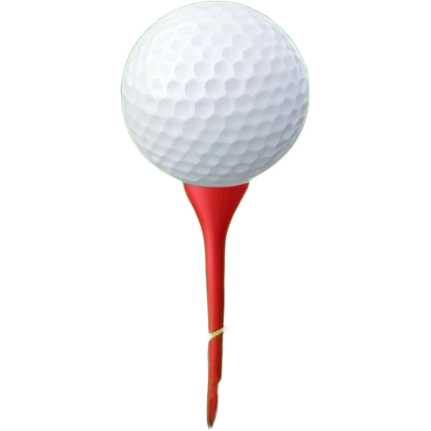 A golf ball resting on the grass of a lush golf course, with a golf club positioned nearby, ready for the next shot. The background features rolling green hills and a clear sky, highlighting the serene and precise nature of the sport. emoji