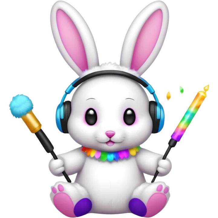 cute rave bunny wearing headphones, holding a glow wand, surrounded by confetti, festive mood emoji