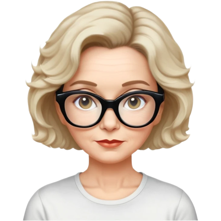 white woman about 50 years old with light warm skin, wide face, wavy black neck-length 80s short hair, low volume, neutral expression, large black shiny butterfly or cat-eye glasses, white casual t-shirt emoji