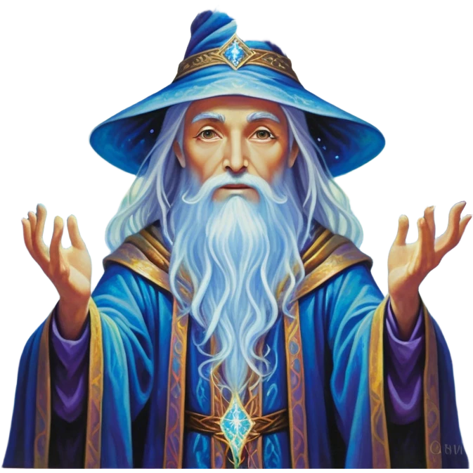 A luminescent enchanting Wizard stands beside an alter, his ethereal presence shimmering with otherworldly energy, each detail radiating with mystical power and ancient wisdom. The painting, a masterpiece of acrylic art, captures the Wizards hauntingly beautiful visage in exquisite detail. Swirls of cosmic colors dance around him, evoking a sense of celestial wonder, while intricate patterns of glowing runes adorn his intricate robe. The image is vivid and captivating, drawing viewers into a mesmerizing realm of fantasy and magic. emoji