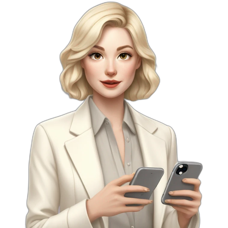pale skin woman with ash blonde Straightened bob Hair, White Spacious classical jacket, beige palazzo Arrow pants and gray blouse holding white IPhone 14 pro in the hands emoji