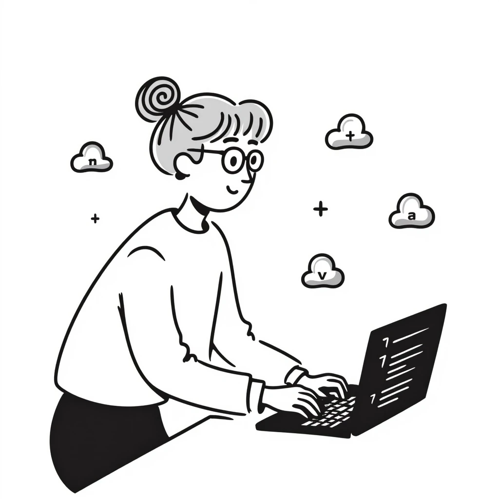 hand-drawn doodle of 28-year-old Dutch coder, blonde, with glasses, working on laptop with cloud software icons floating around emoji