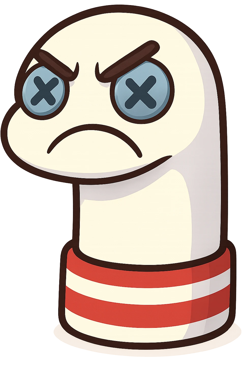 sock puppet with button eyes, angry emoji
