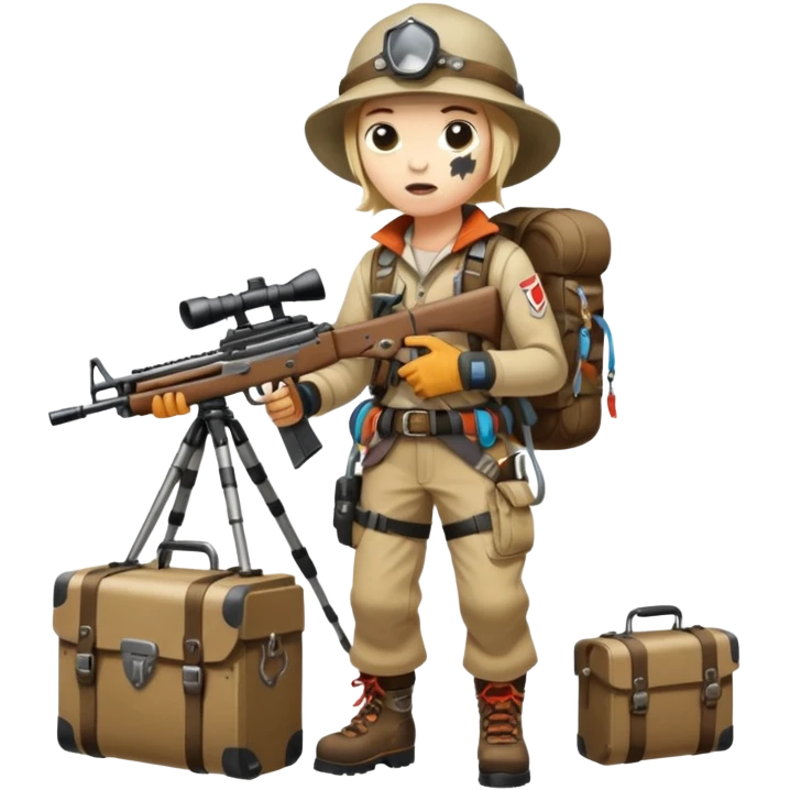 Yodeling mountain climber in Switzerland with a machine gun pointing to the right, full body, in the style of your bleeding skull art emoji