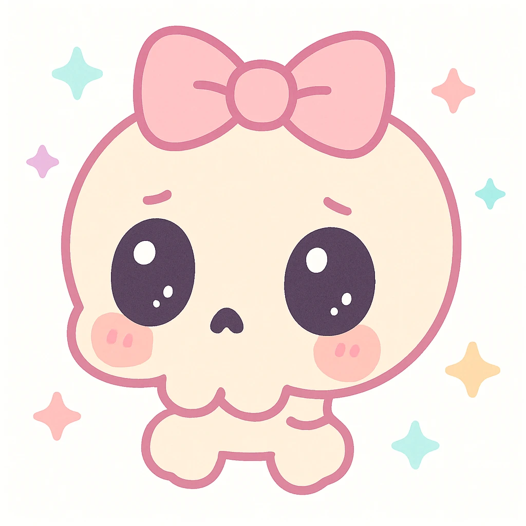 a shy skull with a pink bow, kawaii style, cute and sweet, pastel colors, big eyes, blushing cheeks emoji