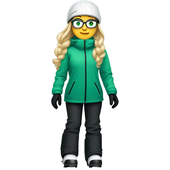 Green-eyed, fat female skier with long straight blonde hair, glasses, white ski helmet, gray snow jacket, green ski gloves, long black pants, black only snow boots standing tall. emoji