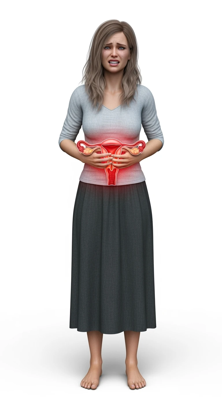 donna a figura intera con utero umano realistico in 3d in evidenza dolorante, espressione di dolore in volto, sfondo bianco, non farla computerizzata, ma iperrealistica 4k emoji