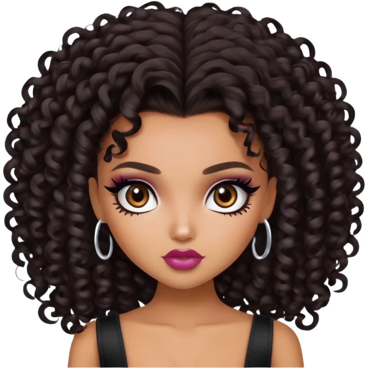 curly dark hair, dark brown eyes, pretty bratz baddie emoji