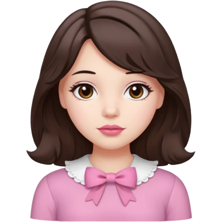 A cute slightly plump, fair-skinned girl with loose, slightly wavy, layered shoulder-length hair, dark brown eyes, and light pink lips. She wears coquette pink clothes, a small pink bow, and slightly rosy cheeks. emoji