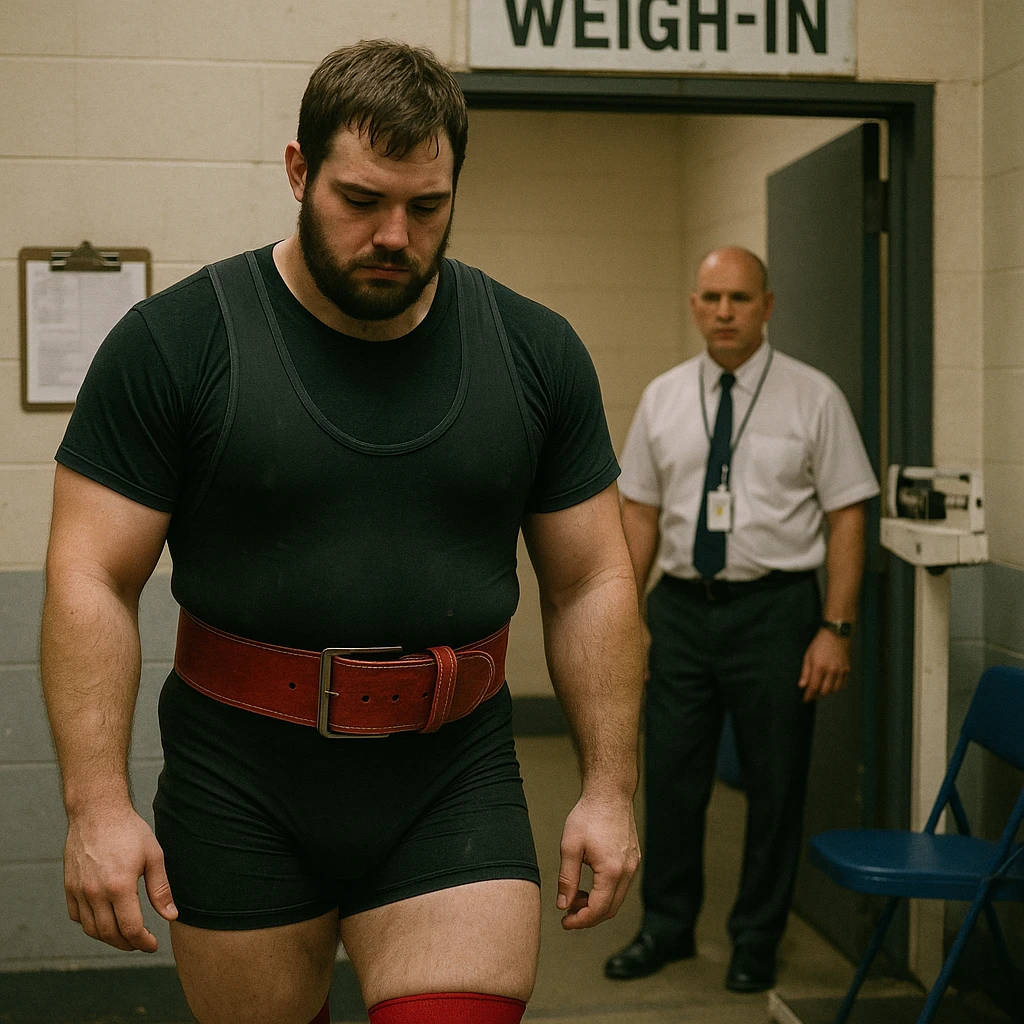 realistic powerlifter in competition clothing, leaving weigh-in room with slow steps, downcast look, official in background, atmosphere of exclusion, detailed, weigh-in area background emoji