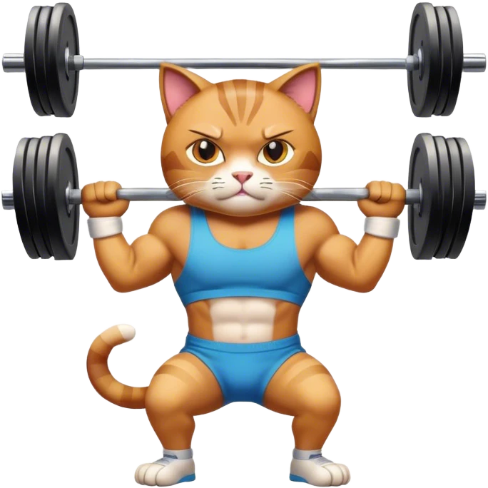 A muscular cartoon cat lifting a barbell in a gym, wearing a sweatband, with determined expression, surrounded by gym equipment, vibrant and dynamic, emoji style. emoji
