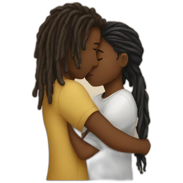 Black boy with dreads covering face kissing brown girl emoji