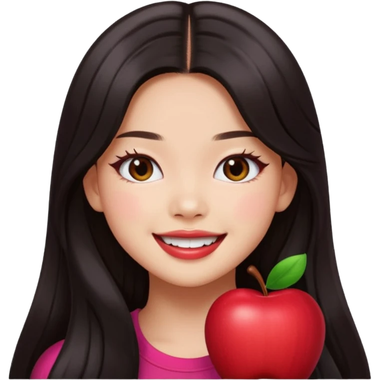 Jennie from Blackpink as a cute apple style emoji, long dark hair, confident smile emoji