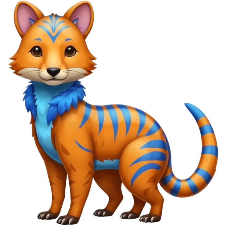 Colorful brown with blue and orange tropical exotic shiny beautiful fantasy-Thylacine-Vernid-Cacomistle-Oncilla-animal-Fakémon-hybrid-fursona (full body) emoji