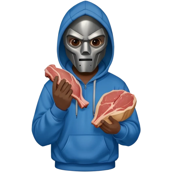 MF DOOM in a blue hoodie holding a piece of meat emoji