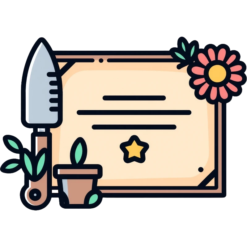 Certificate with gardening tools and plant award emoji