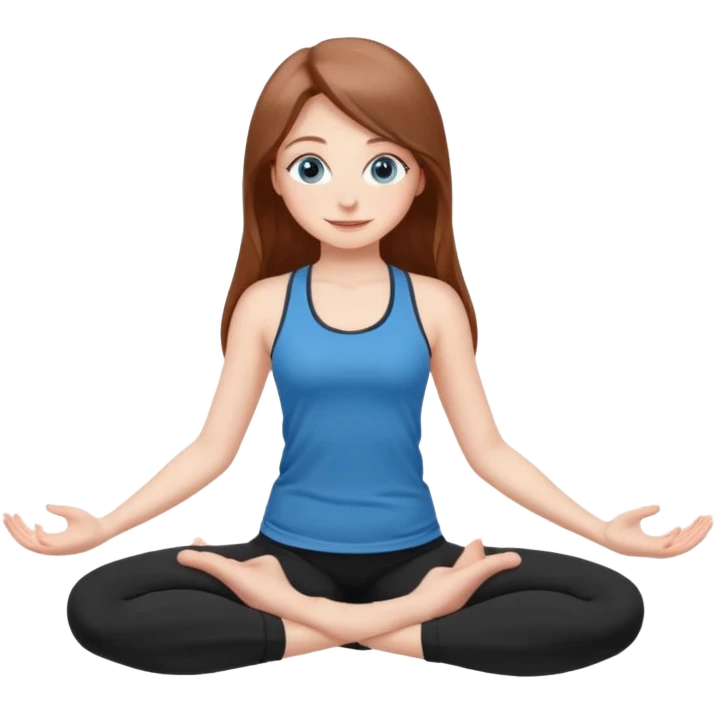 A girl with fair skin and a natural blush. Eyes are large, expressive, blue. Hair is long, straight, chestnut-colored. The smile is soft, friendly, in a black top and leggings in a different yoga pose emoji