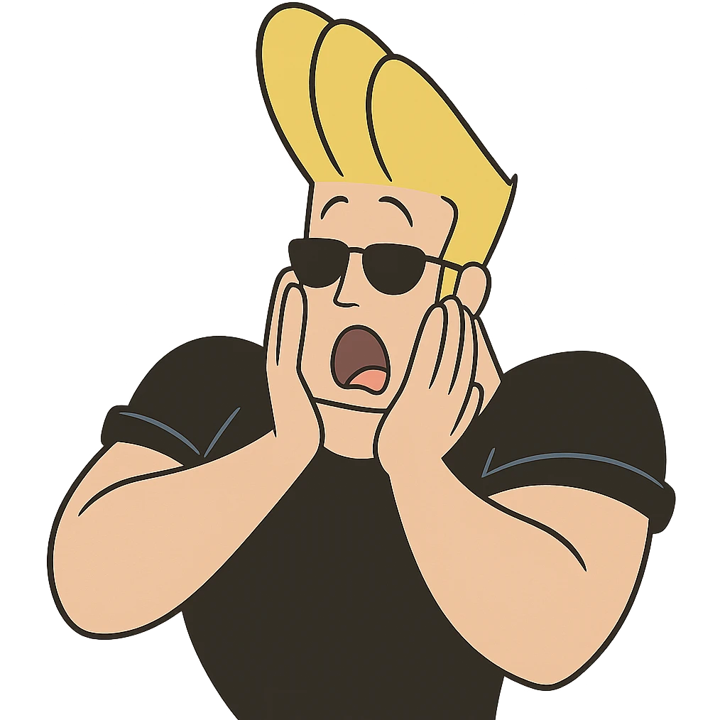 johnny bravo cartoon character, surprised expression, hands on cheeks, cartoon style emoji