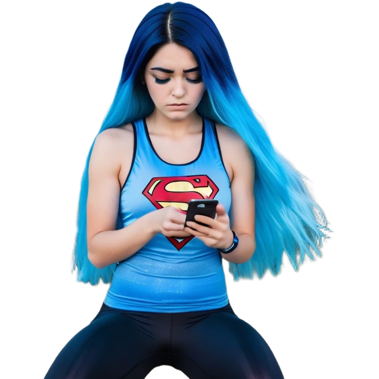 Shameful disappointed crying-very very very very big chest-texting on a samsung cell phone-very long straight flowing black to sky blue hair ombre-blue eyes-black eyeliner-long eyelashes-plastic sparkling sky blue very low cut tank top with sparkling superman logo-black leggings-nike sneakers emoji