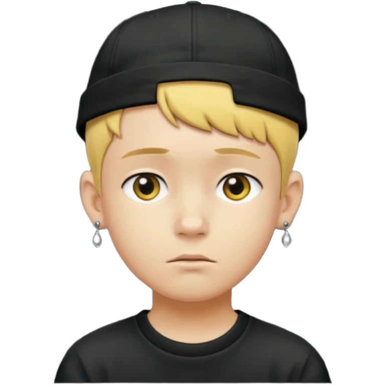 Create me an emoji like that, sad, with earrings, a black cap backwards, yellow skin like an emoji, and short hair down to the nape of my neck. Let it be a boy emoji