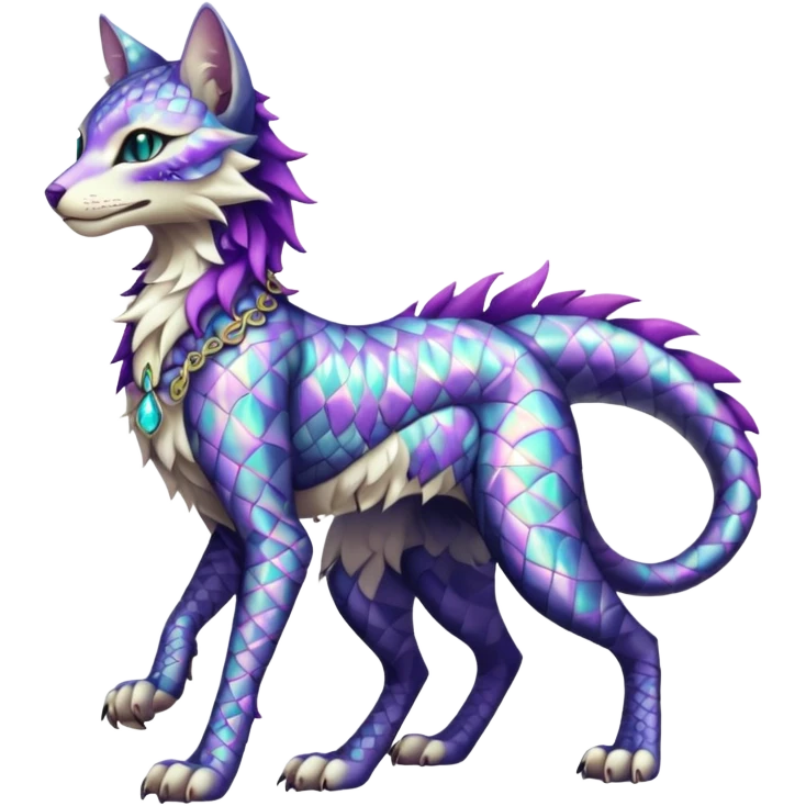 Kawaii iridescent beautiful pretty elegant divine edgy fantasy feline-vernid-sergal-fursona-animal-creature with accessories, full body with intricate pattern-markings  emoji