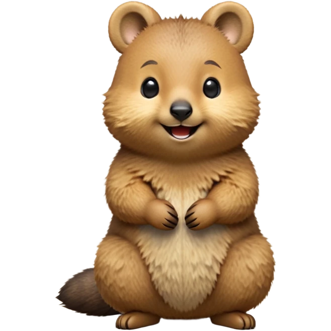 cinematic-quokka-realistic-full-body-standing-emoji,-small-round-frame-balanced-on-tiny-strong-hind-legs,giant fluffy cheeks large smile-fluffy-brown-fur-radiating-a-warm-softness,-big-round-eyes-filled-with-joy-and-innocence,-tiny-clawed-paws-held-close-to-chest,-cheerful-smile-exuding-endearing-happiness,-simplified-yet-realistic-focused-features,-highly-detailed,-glowing-with-a-sunny-warmth emoji