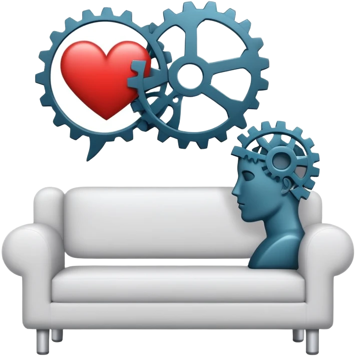 An icon featuring a human head silhouette with gears and a heart inside, symbolizing psychology. The design includes a therapy couch and a speech bubble, representing mental health and communication. Transparent background highlights the study of the human mind and behavior. emoji