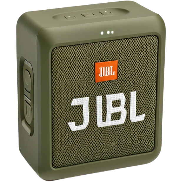 Military green JBL Go 4 portable speaker, compact size, with visible buttons and fabric speaker mesh, khaki colored electronic device emoji