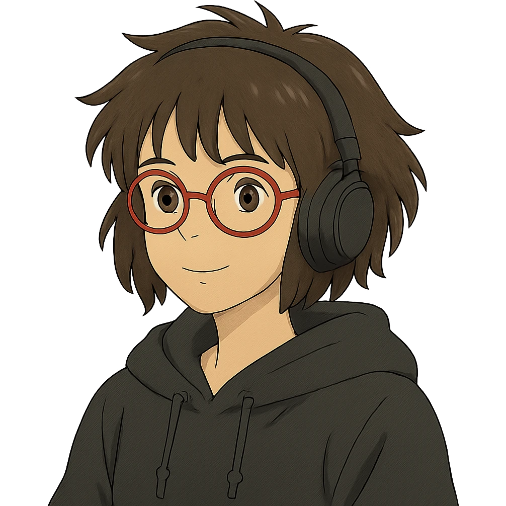 ghibli style tan brunette girl with a short wolf haircut, round ruby glasses, black headphones, and a black hoodie emoji