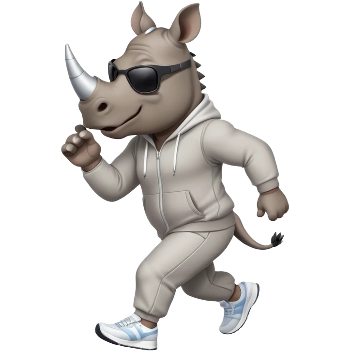 friendly anthropomorphised rhino jogging upright, wearing a sporty tracksuit and sneakers, dark sunglasses, standard pose emoji