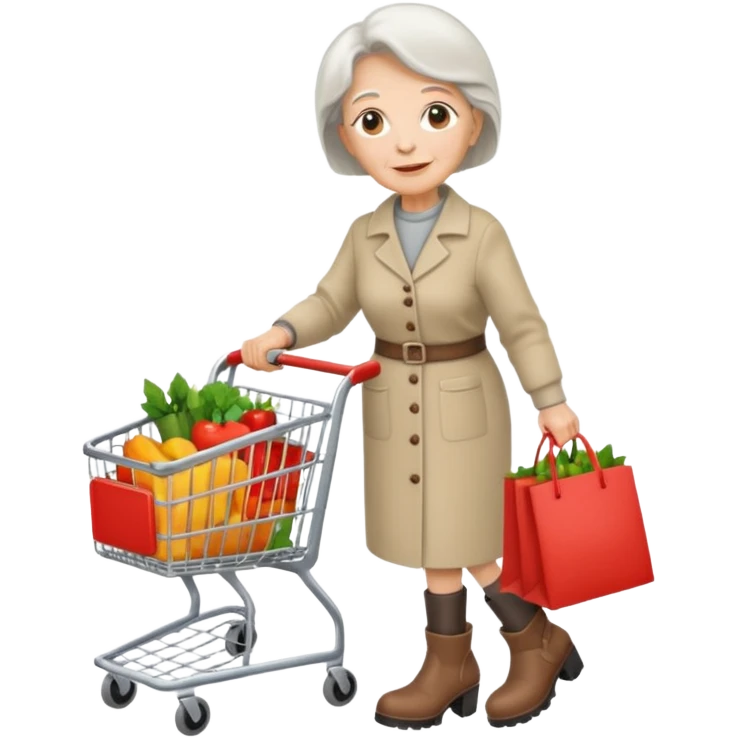 Una donna anziana  con gli stivaletti che va a fare la spesa emoji