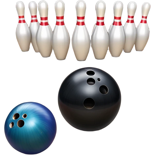 A bowling ball rolling down the lane towards a set of pins, with the pins poised to fall. The scene is set in a bowling alley with bright lights and a polished wooden floor, capturing the excitement and precision of the sport. emoji