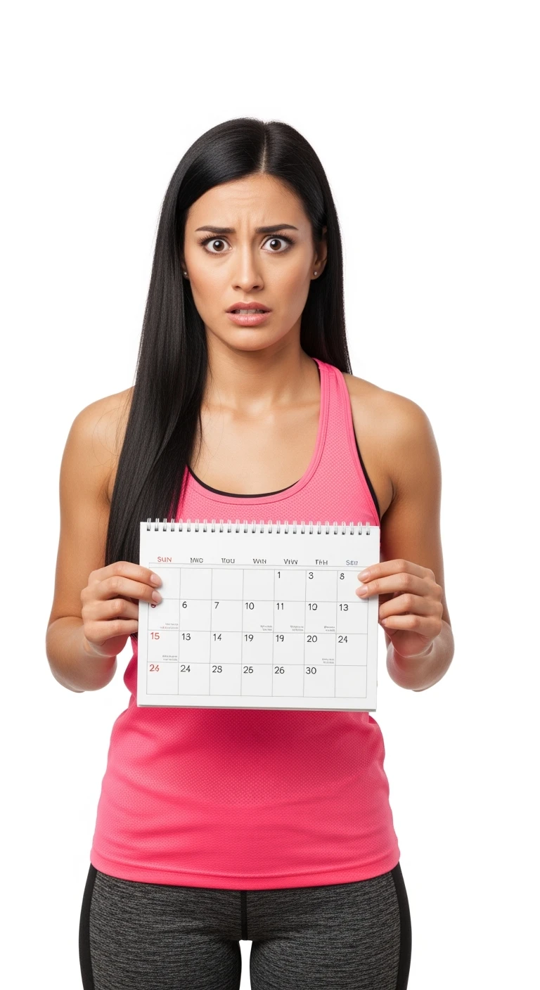 DONNA FITNESS CHE CON CALENDARIO IN MANO, ESPRESSIONE PREOCCUPATA, ISOLATA SU SFONDO BIANCO emoji