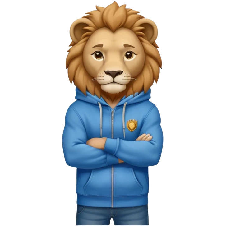 determined anthropomorphised lion in a hoodie and jeans with arms folded, confident stance emoji