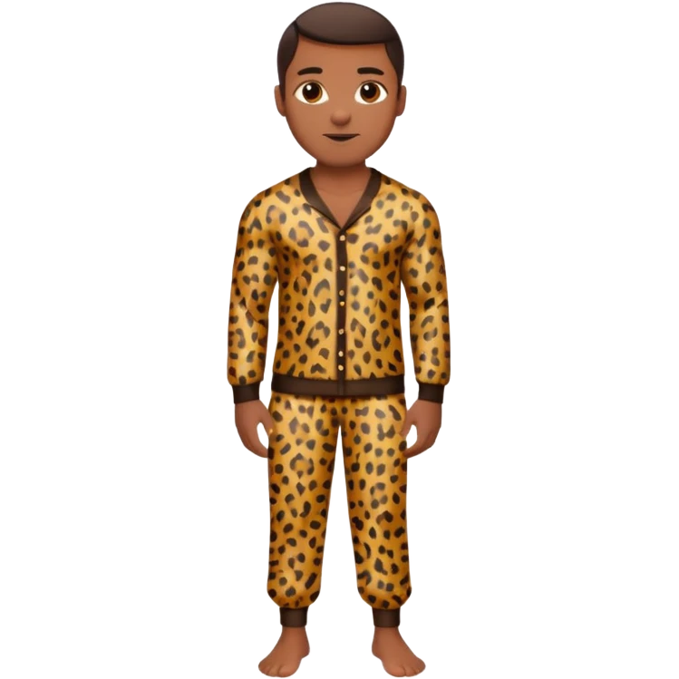 Handsome Black man with brown skin tone, with muscular build, wearing long sleeve leopard print pajamas and white slippers emoji