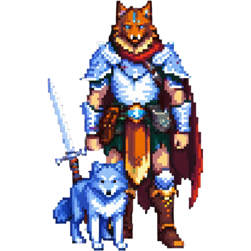 8-bit fantasy warrior standing beside loyal wolf companion emoji
