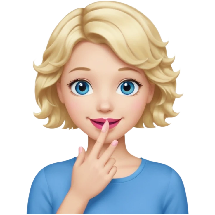 Girl Blonde short wavy hair,  blue eyes, cute blue top, long lashes, pink lips, smiling, hand covering the mouth emoji