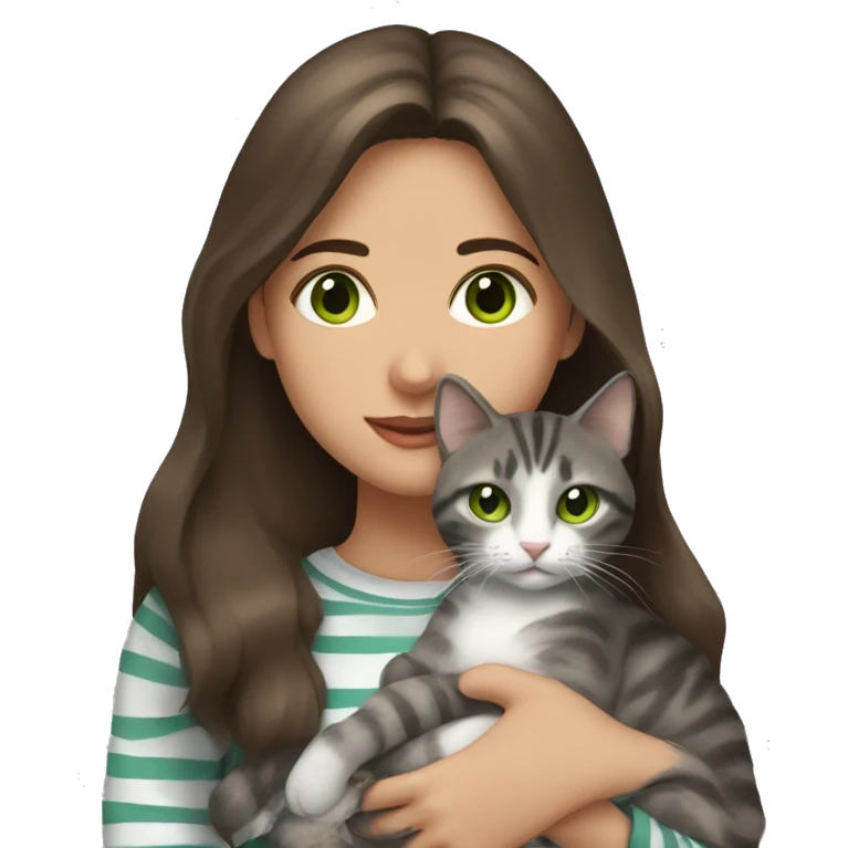 Brunette girl with green eyes, holding a gray, striped, brown-eyed cat in her arms emoji